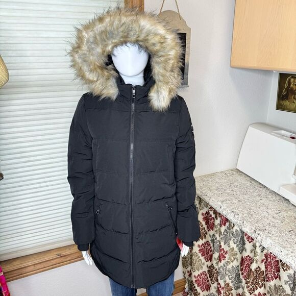 Nautica Ladies Black Faux Fur Trim Removable Hood Puffer Jacket Medium NWT - Picture 1 of 14